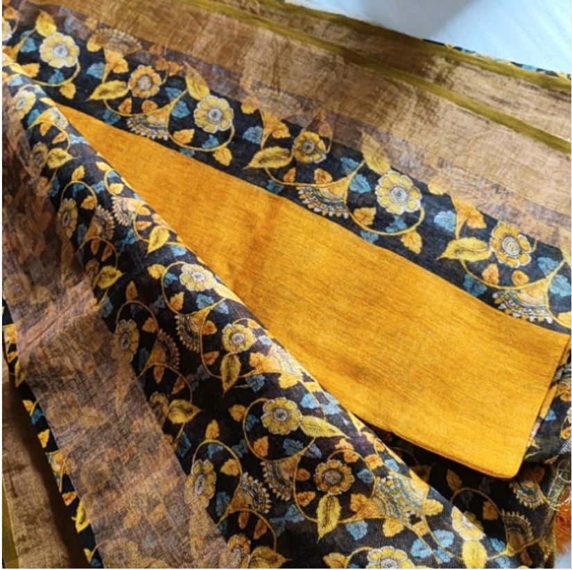 Yellow Blue Pure Linen Saree with Mughal Prints With Running Blouse