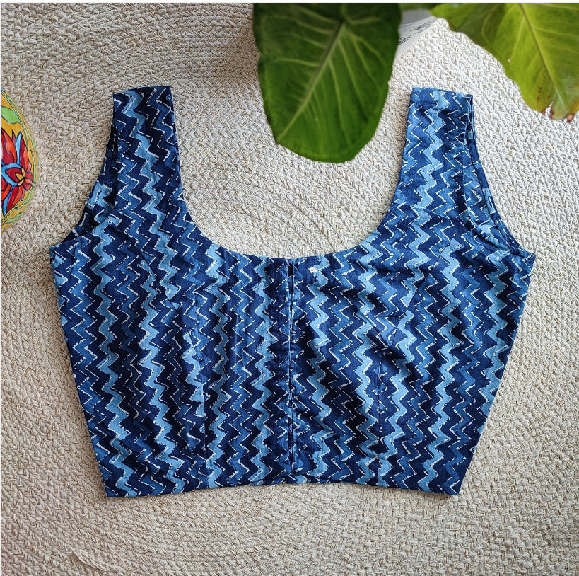 Indigo Blue Pure Cotton Handblock Printed Non Padded Blouse