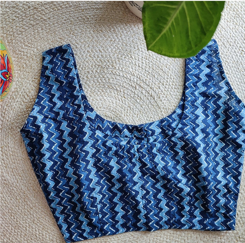 Indigo Blue Pure Cotton Handblock Printed Non Padded Blouse