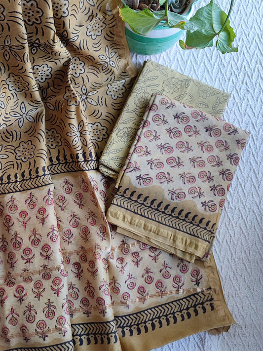 Beige & Pink Chanderi Silk Suits with Vanaspati Prints