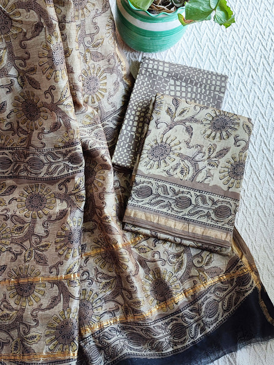 Stone Brown & Gray Chanderi Silk Suits with Vanaspati Prints