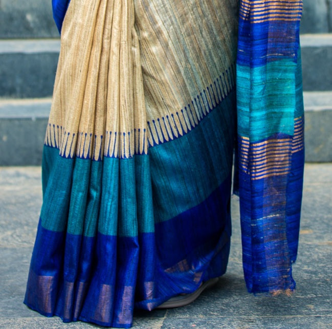 Blue Dual shade Tussar Gheecha Silk Saree