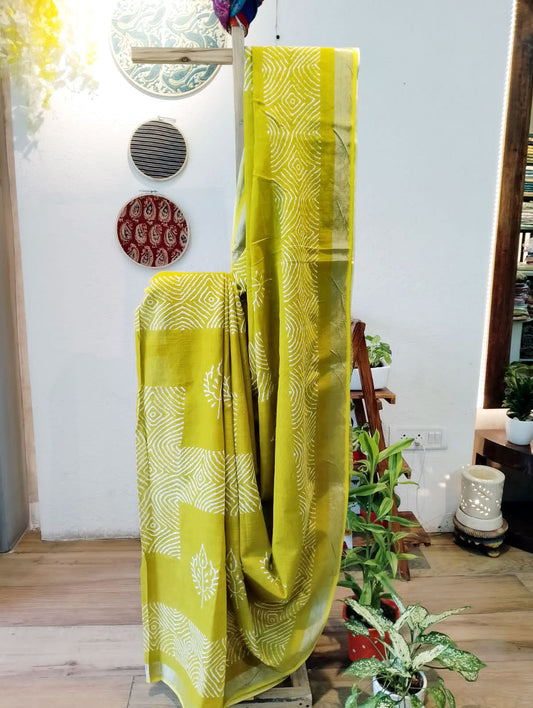 Lime Green Handblock Print Cotton Linen Saree