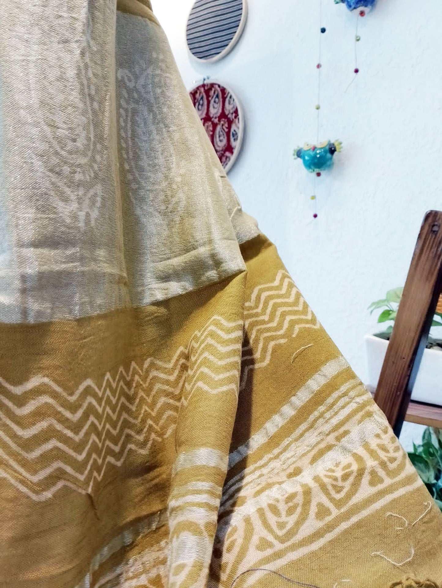 Tan & Gray Handblock Print Cotton Linen Saree