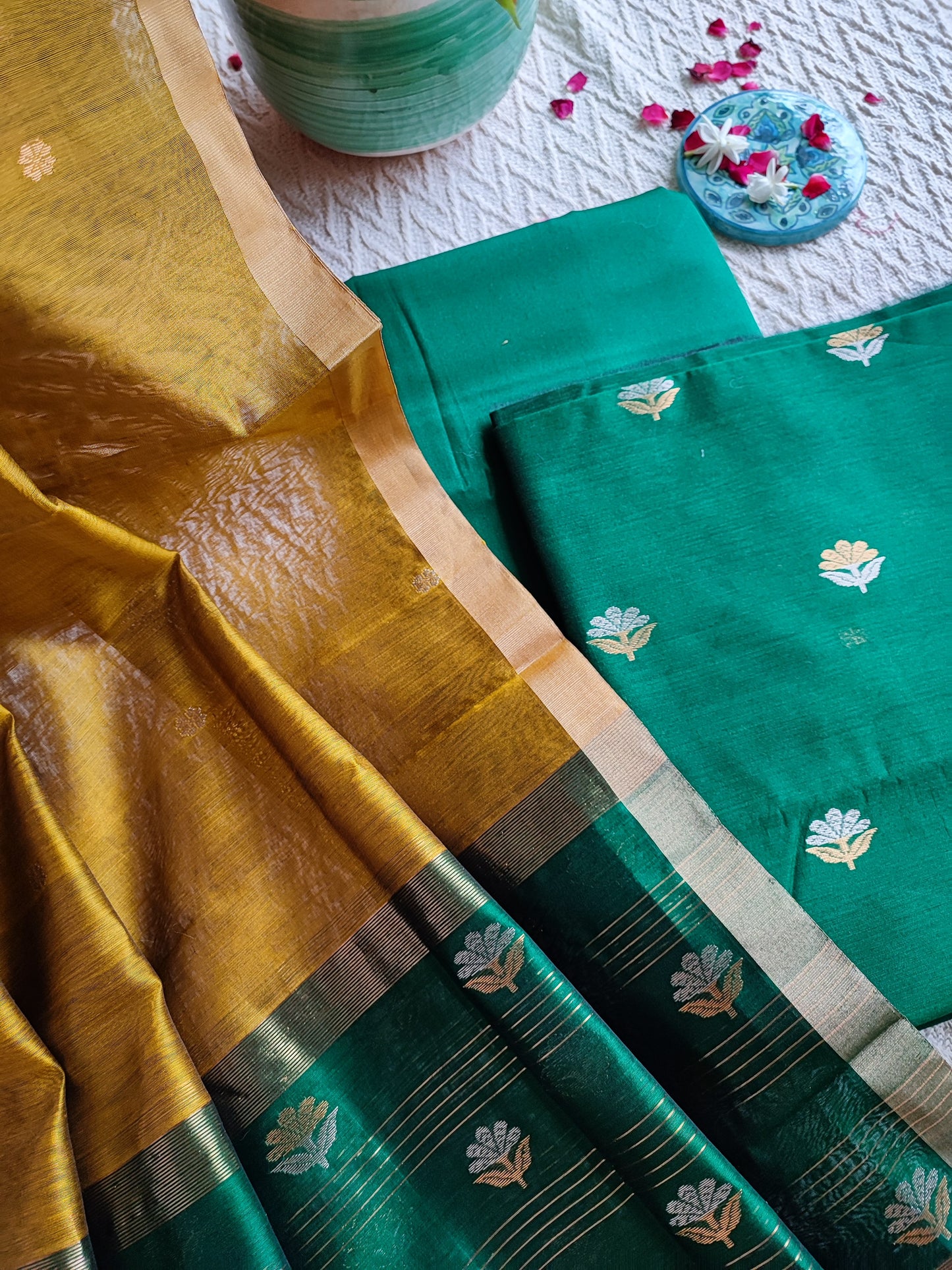 Emerald green with canary Handwoven Mercerized Chanderi Silk Suit