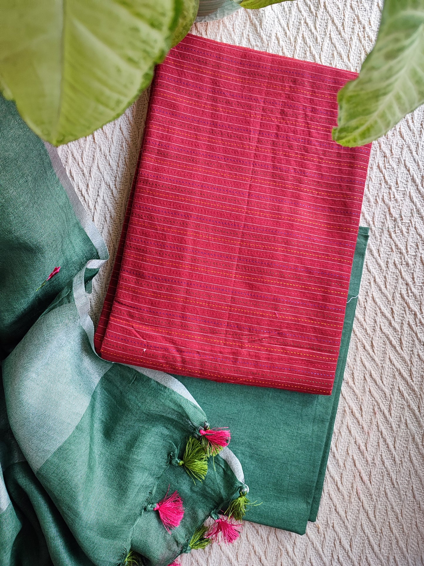 Brick Red Monochromatic Cotton Kurta with Green Floral embroidery Linen Dupatta