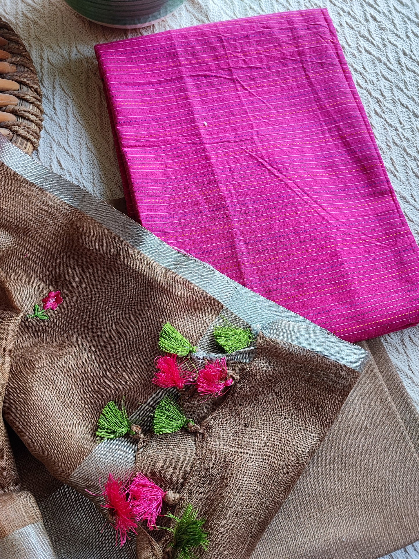 Fuchsia pink Monochromatic Cotton Kurta with Penny Brown Floral embroidery Linen Dupatta