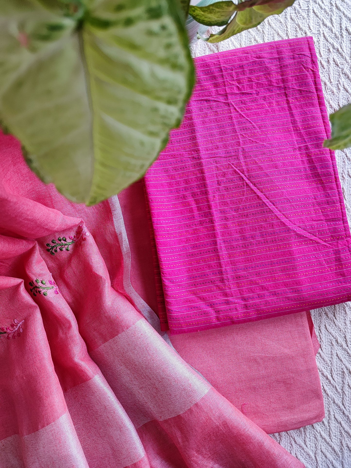 Fuchsia pink Monochromatic Cotton Kurta with Peach Blush Peach Floral embroidery Linen Dupatta