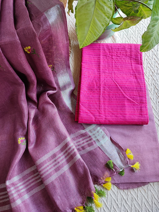 Fuchsia pink Monochromatic Cotton Kurta with Orchid  Floral embroidery Linen Dupatta