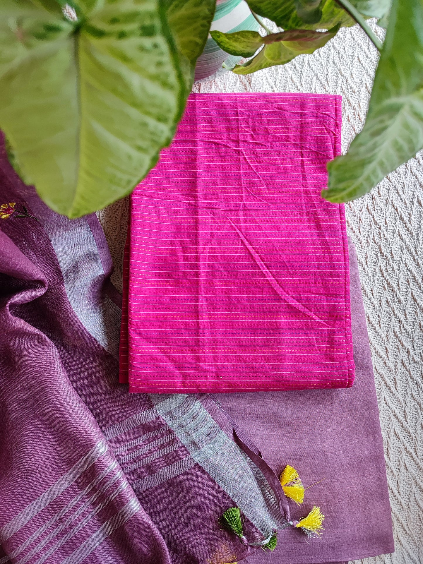 Fuchsia pink Monochromatic Cotton Kurta with Orchid  Floral embroidery Linen Dupatta