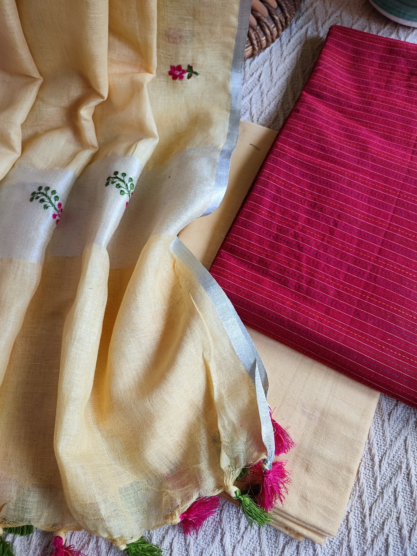Brick Red Monochromatic Cotton Kurta with Lemon yellow Floral embroidery Linen Dupatta