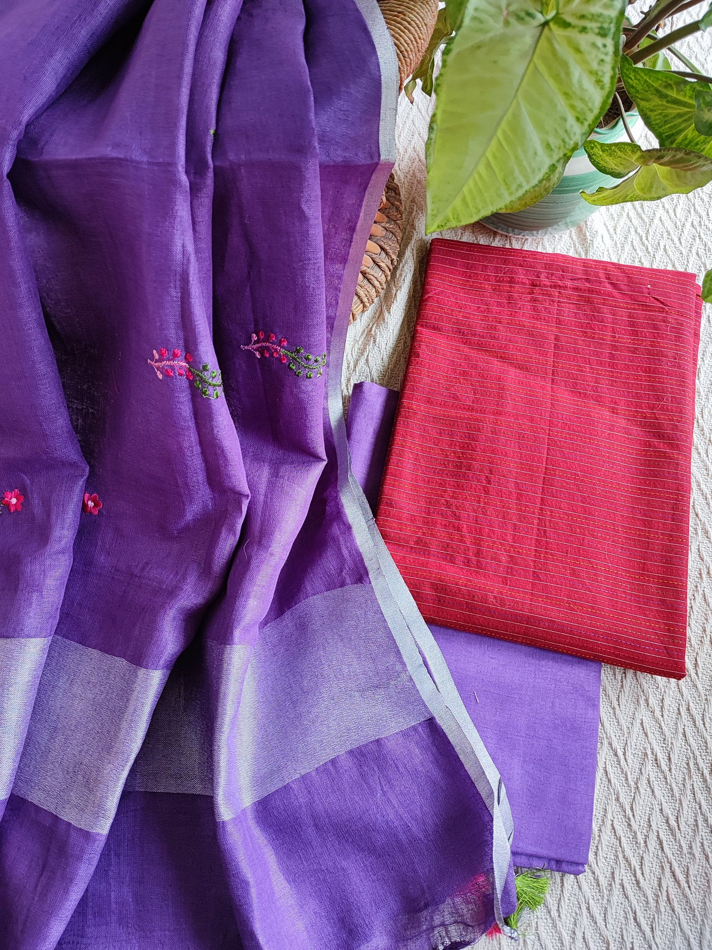 Brick Red Monochromatic Cotton Kurta with Violet Floral embroidery Linen Dupatta