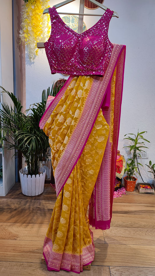 Sunshine yellow and PinK Pure Georgette Banarsi Saree