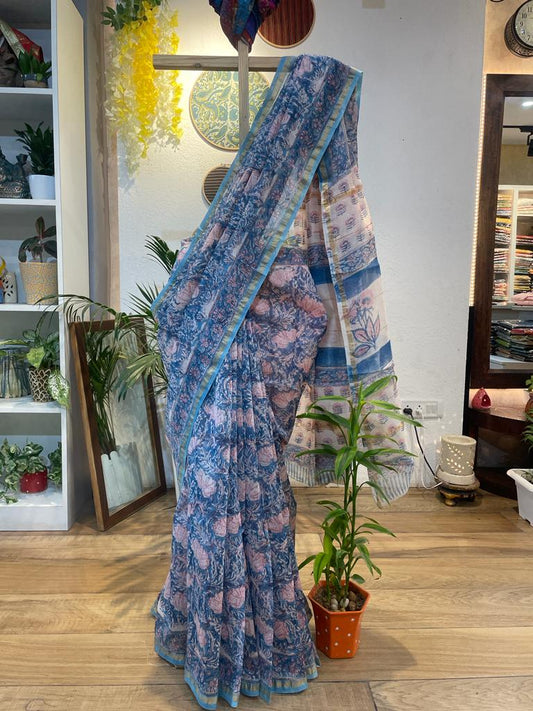 Indigo Blue and Orange Chanderi Silk by Cotton Handblock Printed Floral Saree