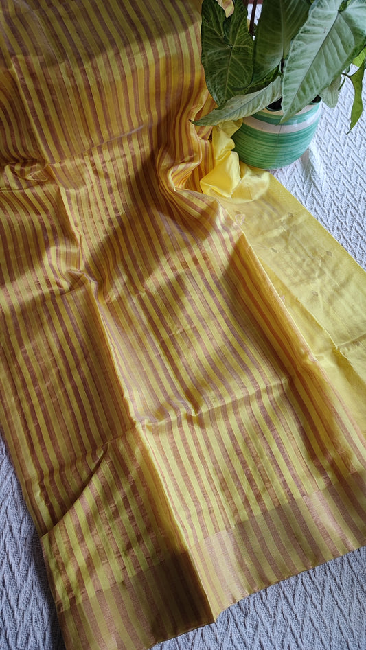 Sunrise Yellow Premium Pattu Silk Chanderi Saree with Stripes