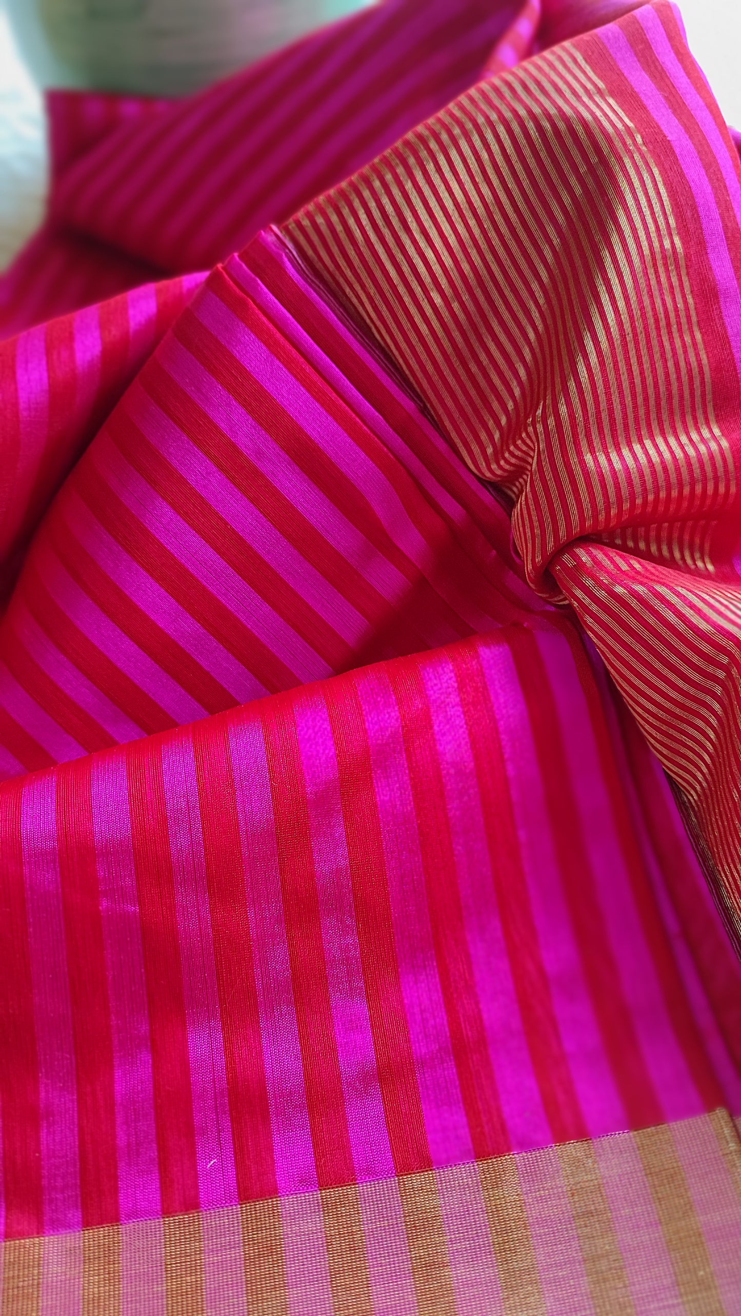 Hot Pink Premium Pattu Silk Chanderi Saree with Stripes