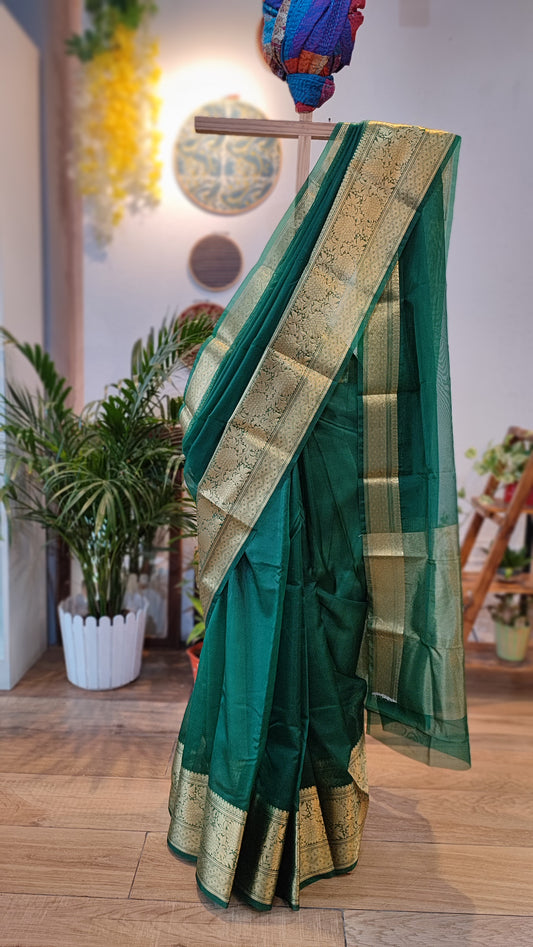 Emerald green Semi Organza Saree With Zari Border