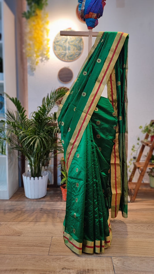 Forest Green Premium Pattu Silk Chanderi Saree with Minakari motifs