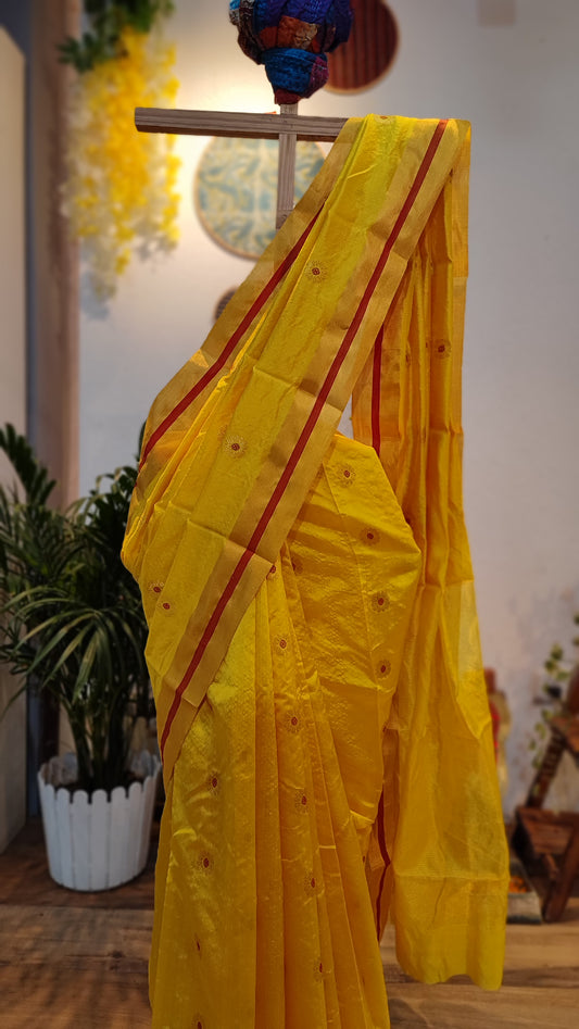 Turmeric Yellow Premium Pattu Silk Chanderi Saree with Minakari