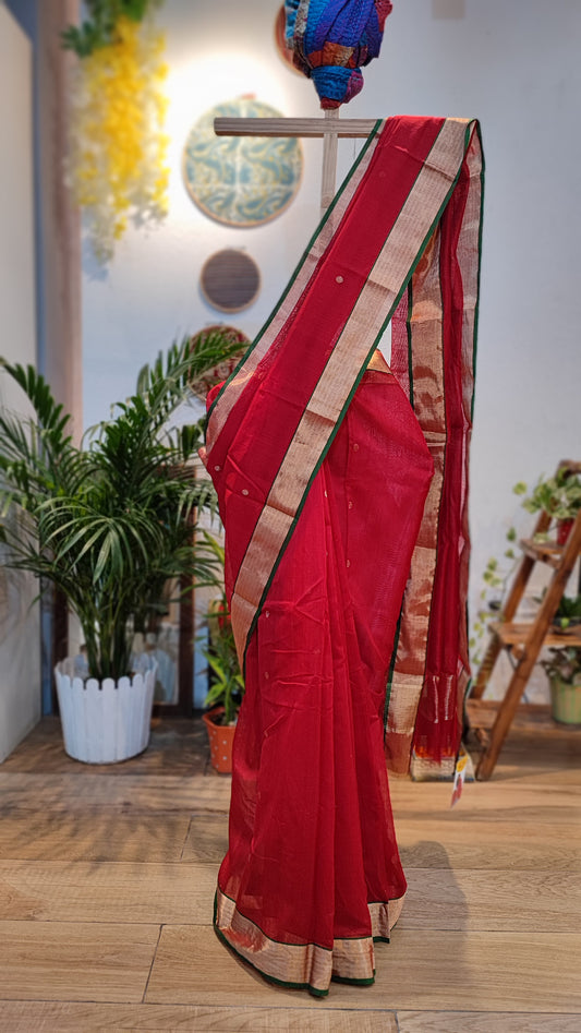 Red Premium Mercerised Chanderi Saree with Minakari motifs