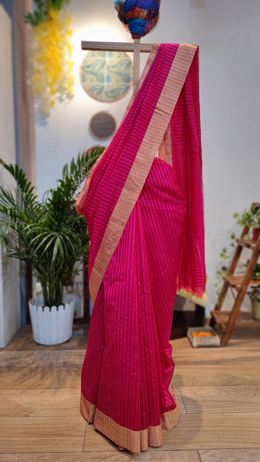 Hot Pink Premium Pattu Silk Chanderi Saree with Stripes