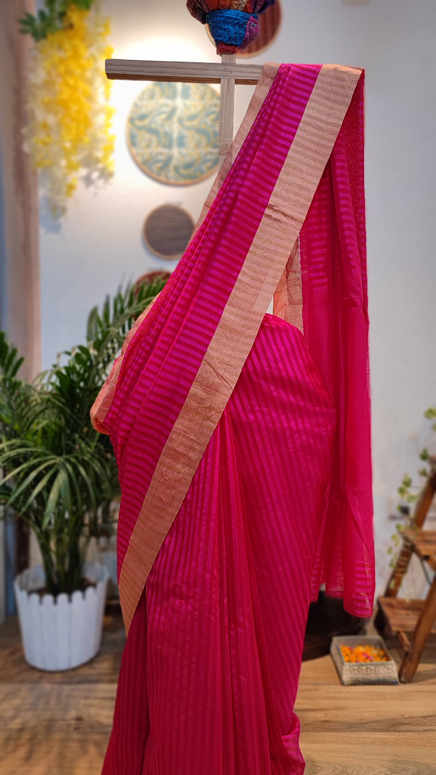 Hot Pink Premium Pattu Silk Chanderi Saree with Stripes