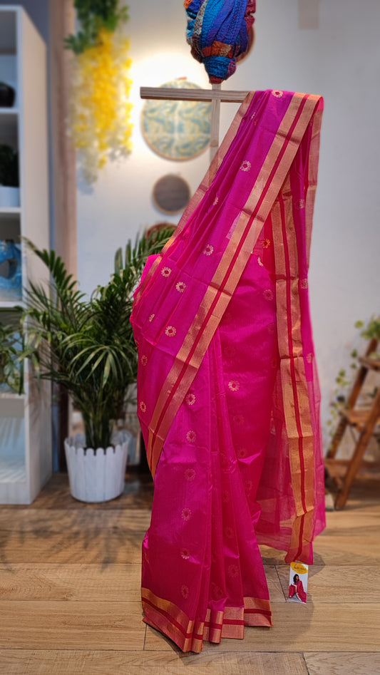 Ruby Pink Premium Pattu Silk Chanderi Saree with Minakari motifs