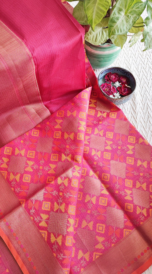 Blush Pink Chanderi Kota Silk Saree With Geometric Pattern
