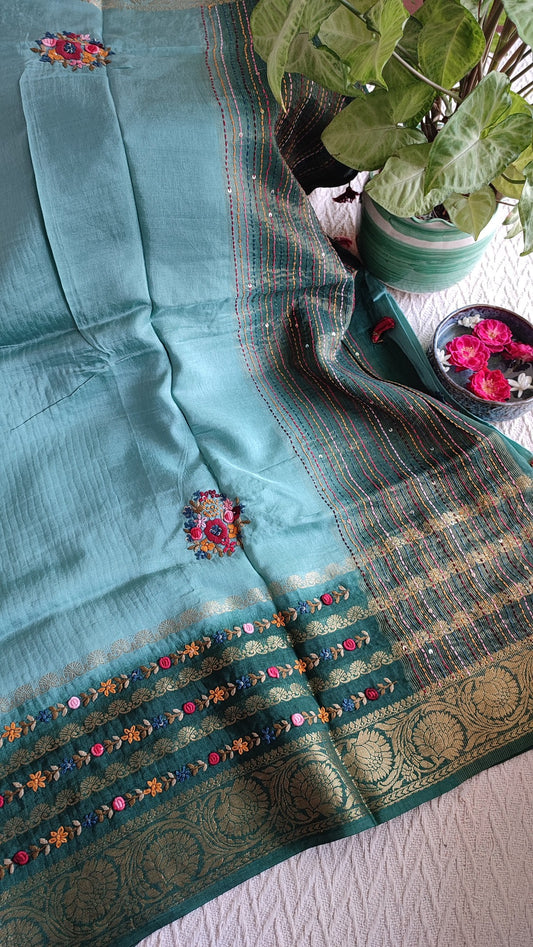 Dynasty Green Dual shade Dola Silk saree with Hand Embroidery