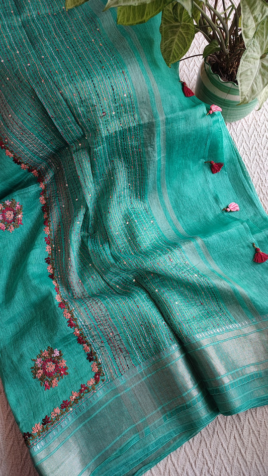 Cyan Linen Silk Saree With Hand Embroidery and Zari Border