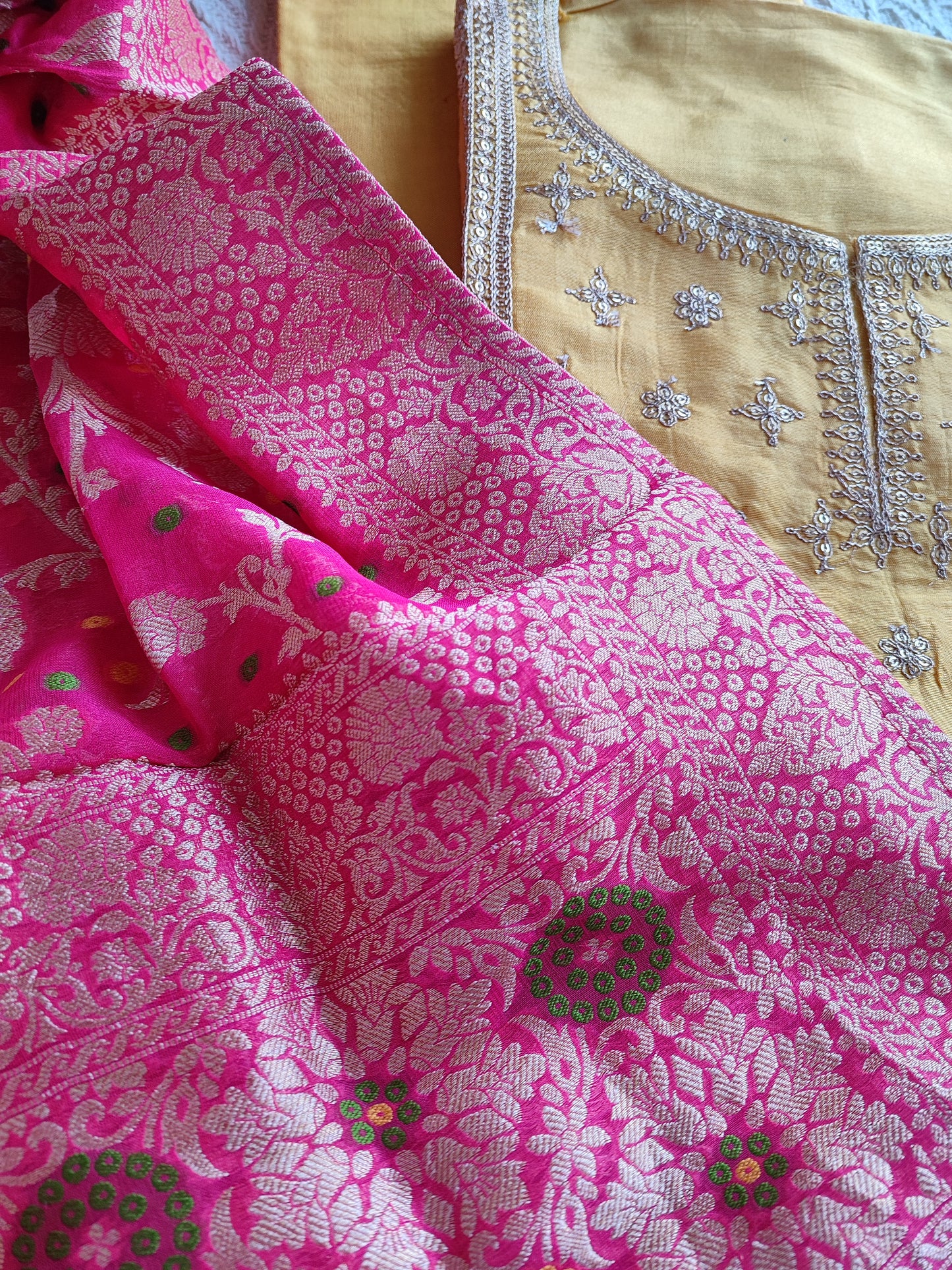 Yellow  pink Chanderisilk Suit with Banarsi Pink Dola Dupatta