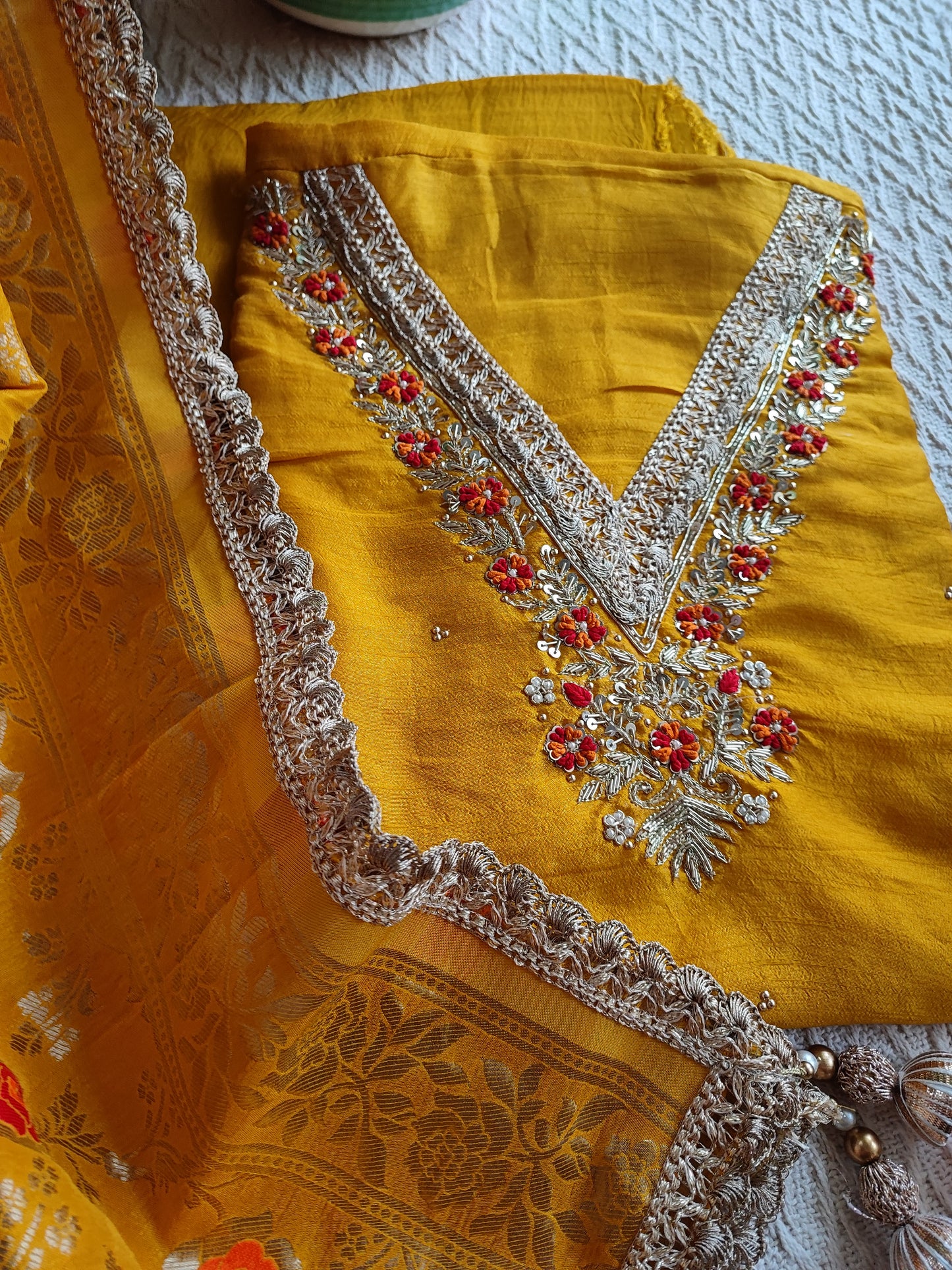 Turmeric Yellow Dola Silk Suit with handwork & Banarsi  Dupatta