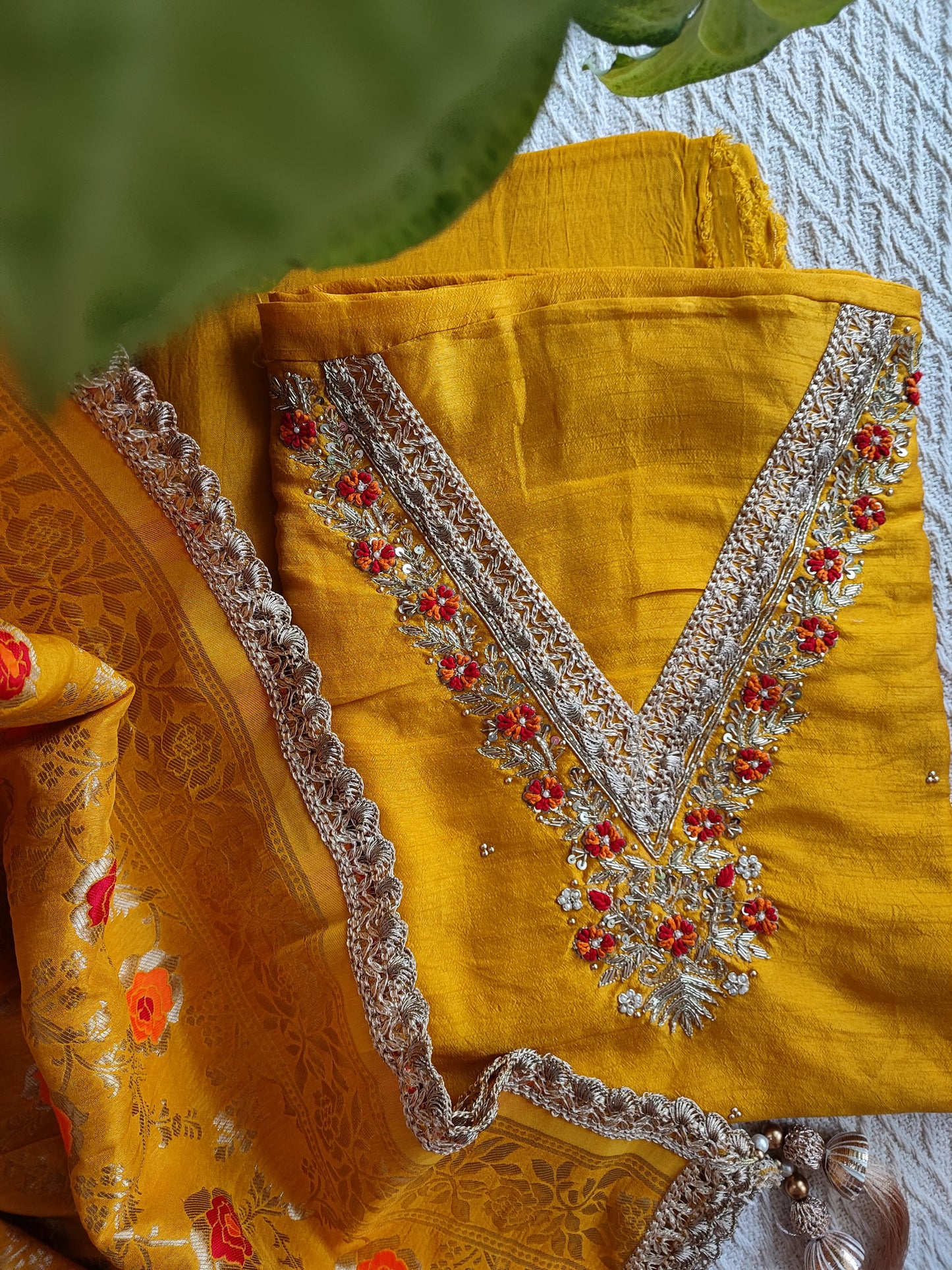 Turmeric Yellow Dola Silk Suit with handwork & Banarsi  Dupatta