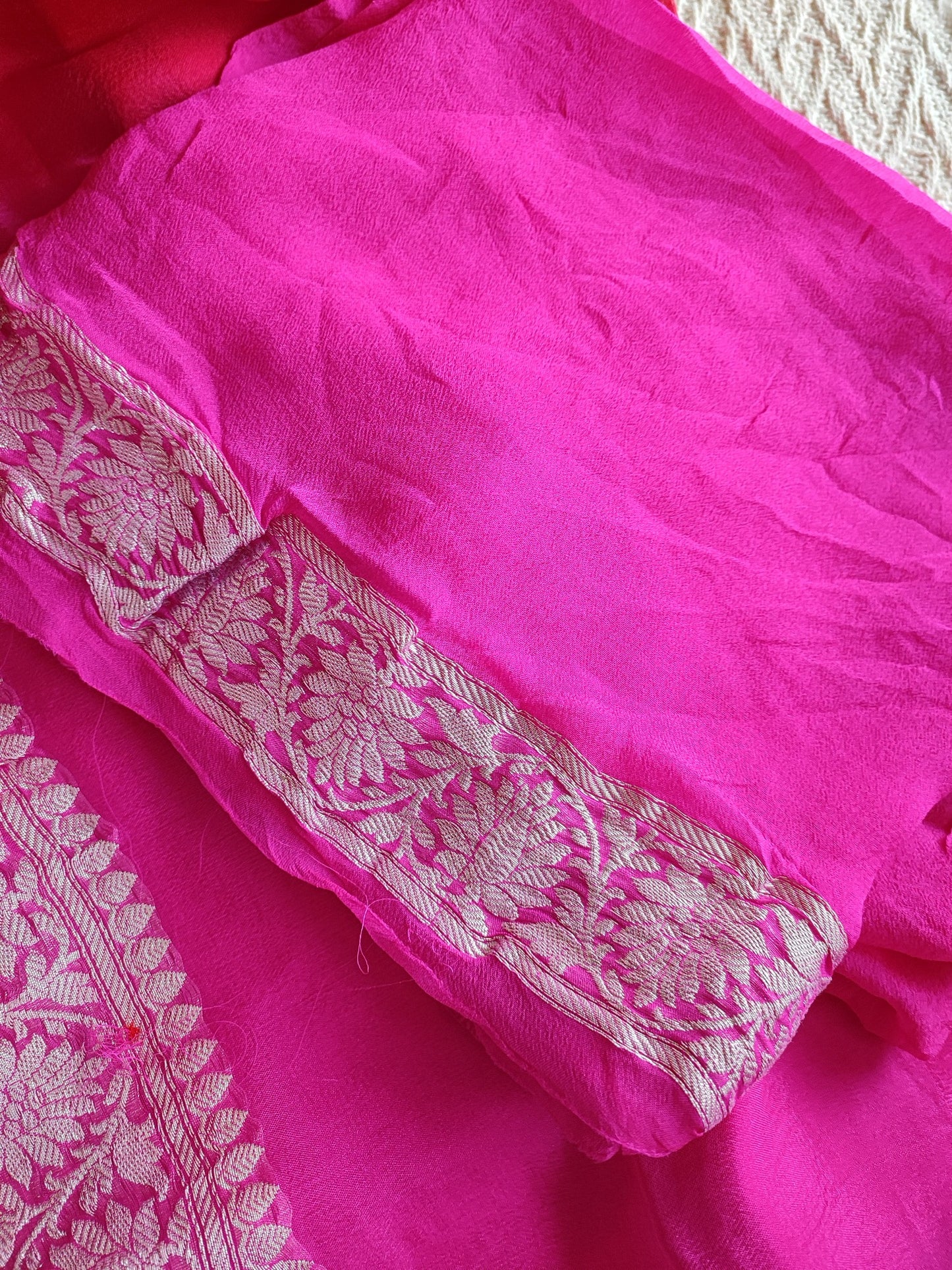Dual Shade Hot Pink & Red Banarasi Khaddi Georgette Saree with Zari Work