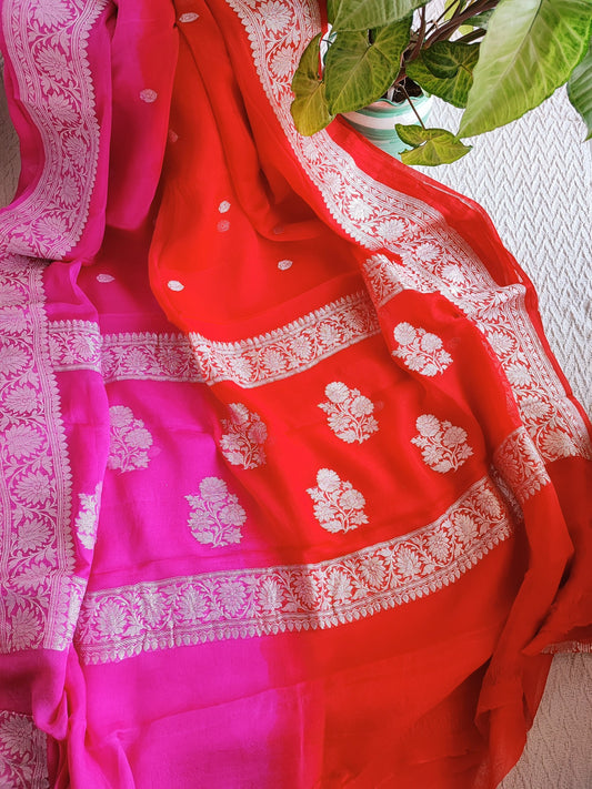 Dual Shade Hot Pink & Red Banarasi Khaddi Georgette Saree with Zari Work