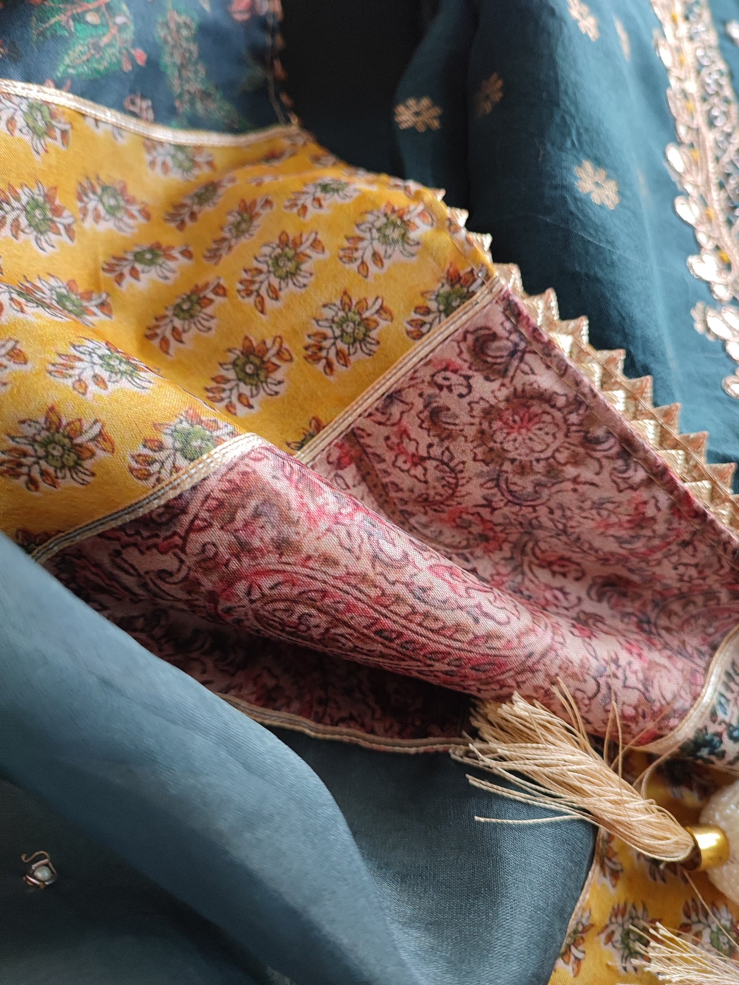 Yale Blue Dola Banarsi Silk Suit with handwork & Banarsi  Dupatta