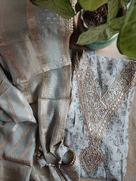 Cloud Grey Modal Printed Suit with Hand Embroided Dola Banarsi Dupatta