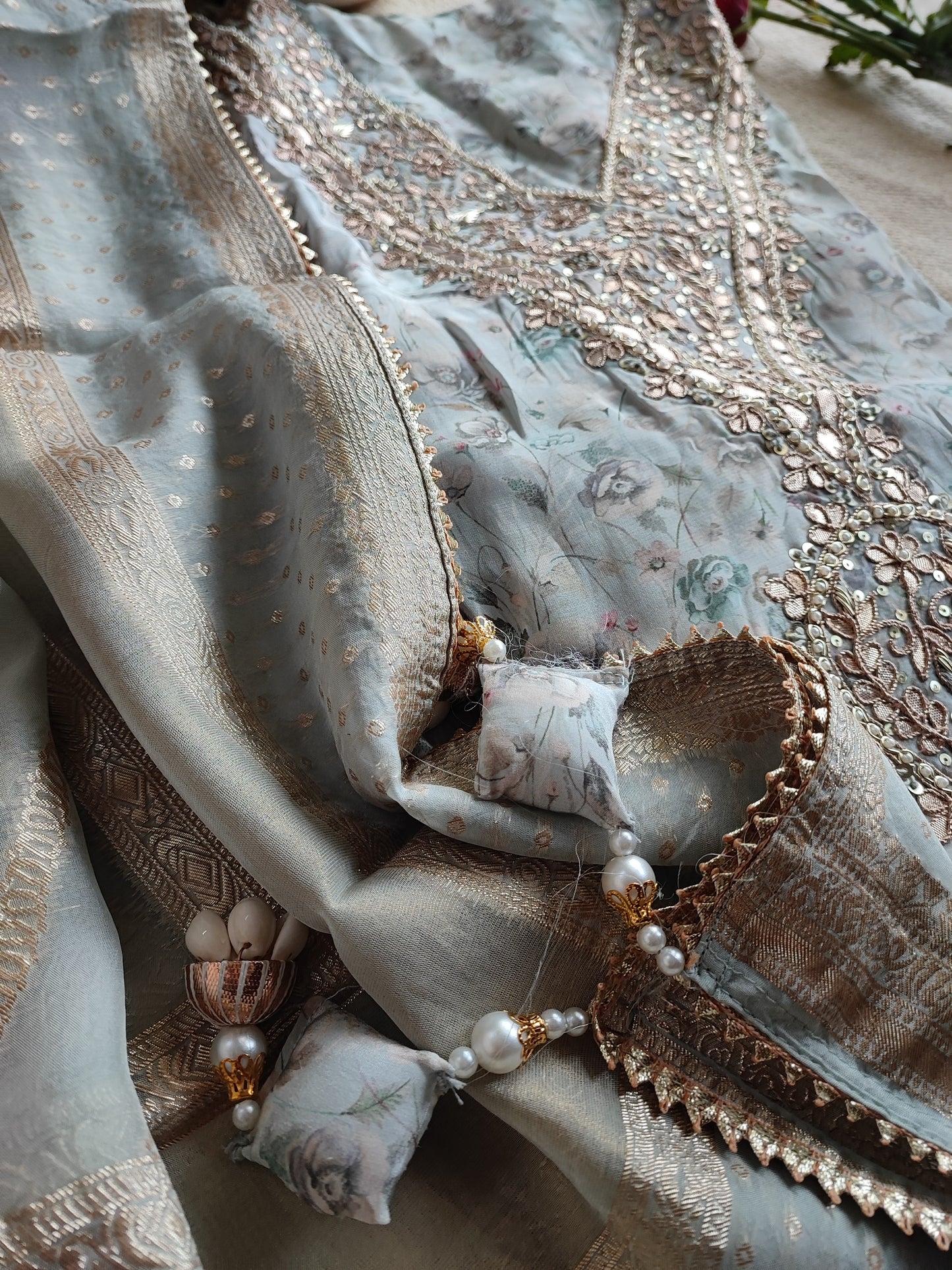Cloud Grey Modal Printed Suit with Hand Embroided Dola Banarsi Dupatta