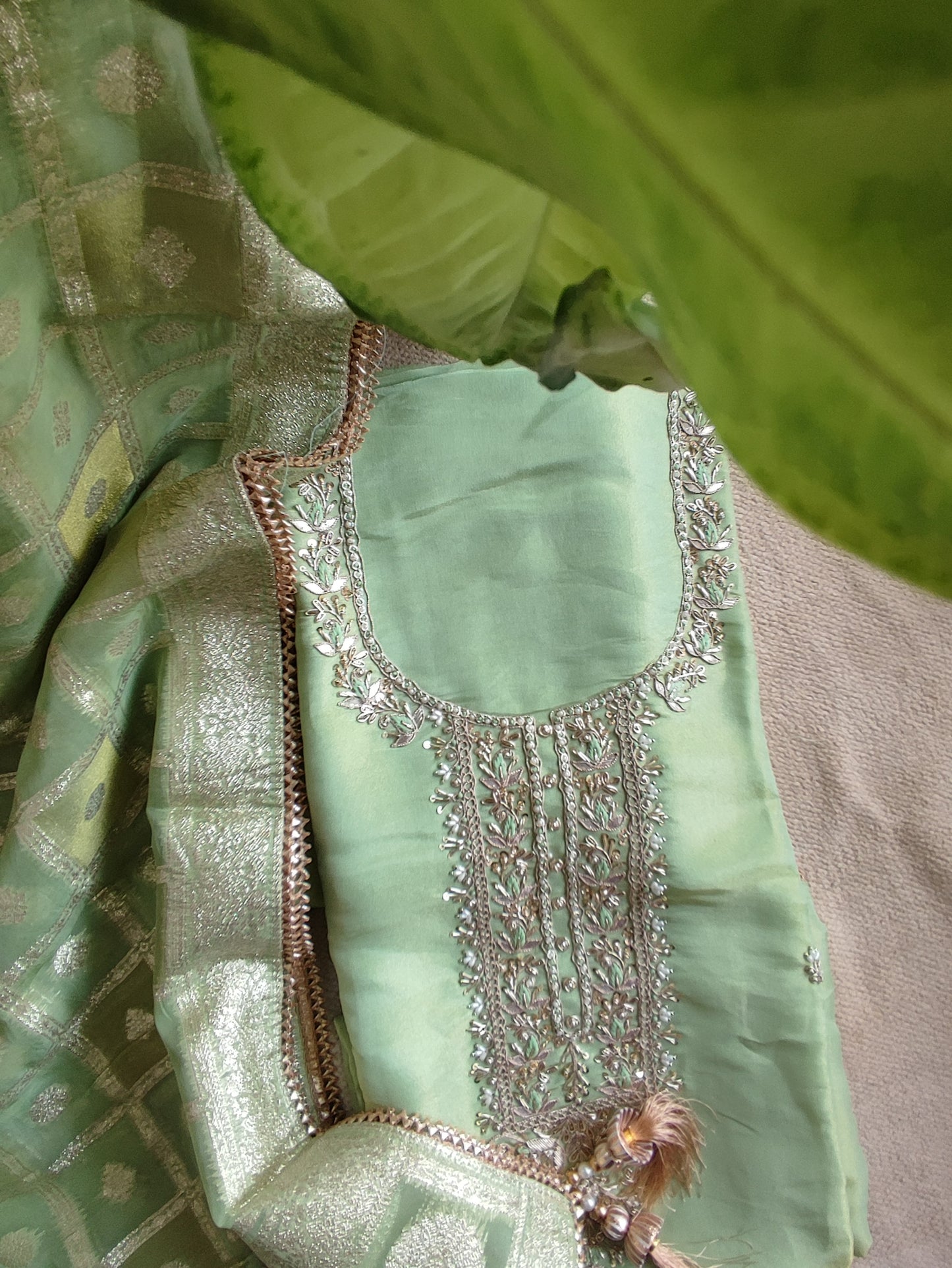 Pista Green Dola Banarsi Silk Suit with handwork & Banarsi  Dupatta