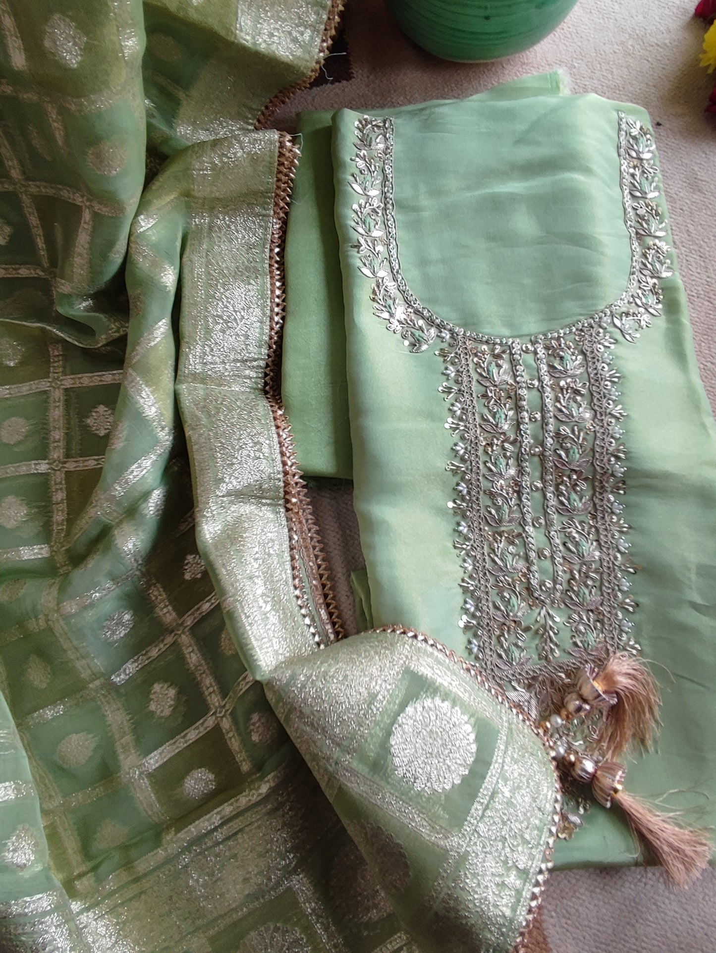 Pista Green Dola Banarsi Silk Suit with handwork & Banarsi  Dupatta