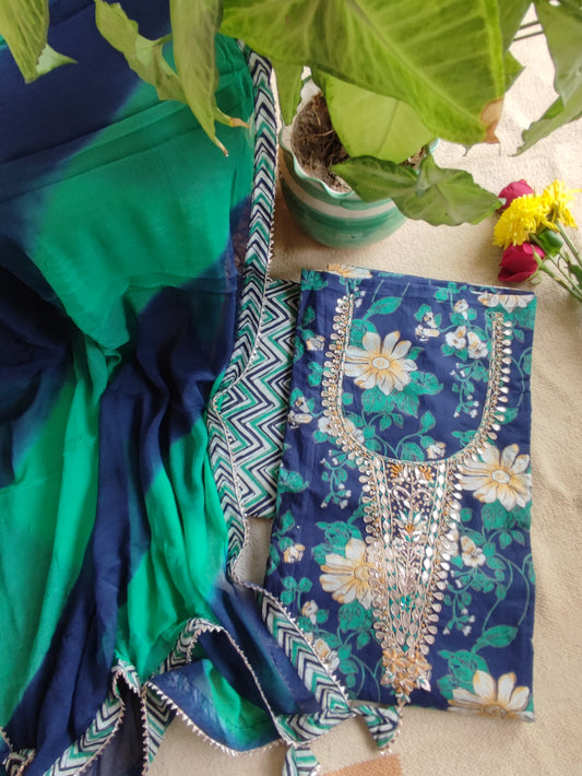 Blue Floral print Muslin Cotton Suit set with gotta neckline