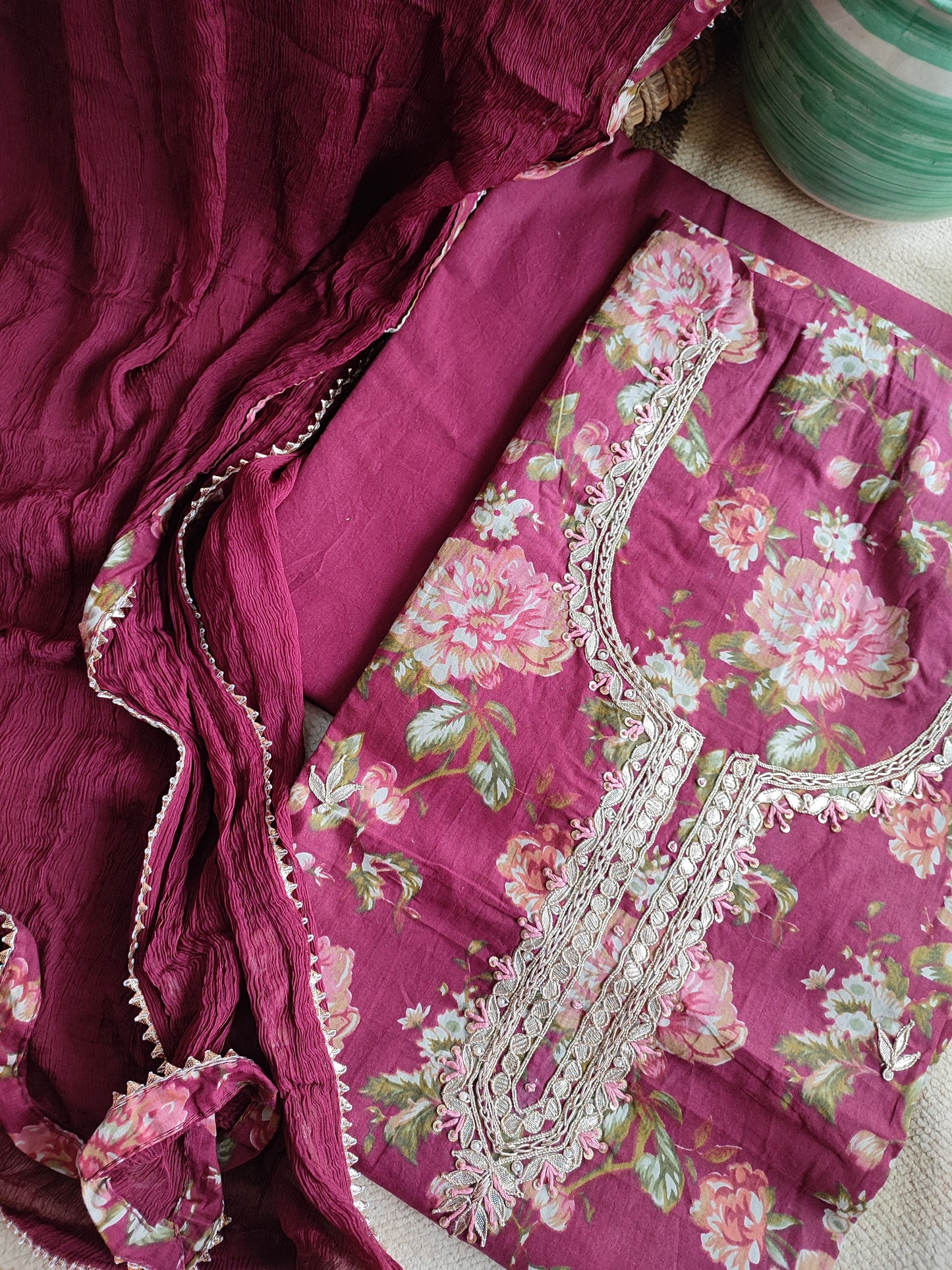 Deep Maroon Floral print Muslin Cotton Suit set with gotta Neckline