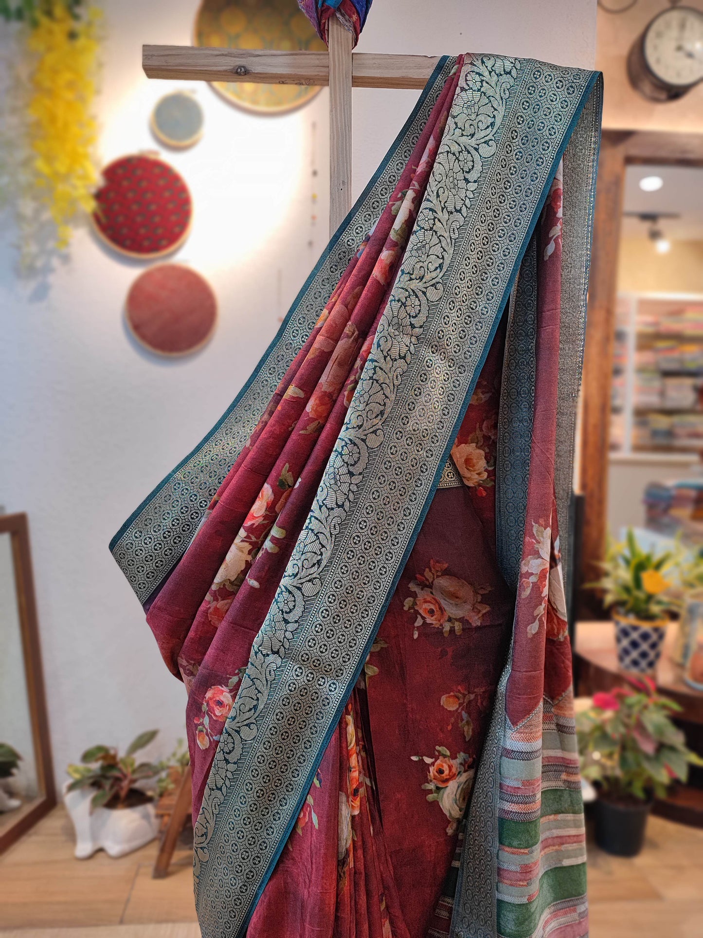 Amber Rust Black Dola Banarasi Floral Print saree