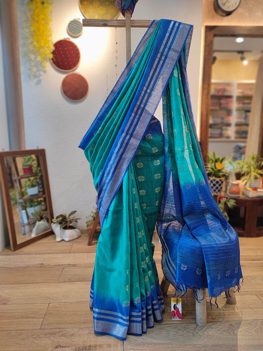 Teal and Blue Tassar Silk Saree with Zari weaving