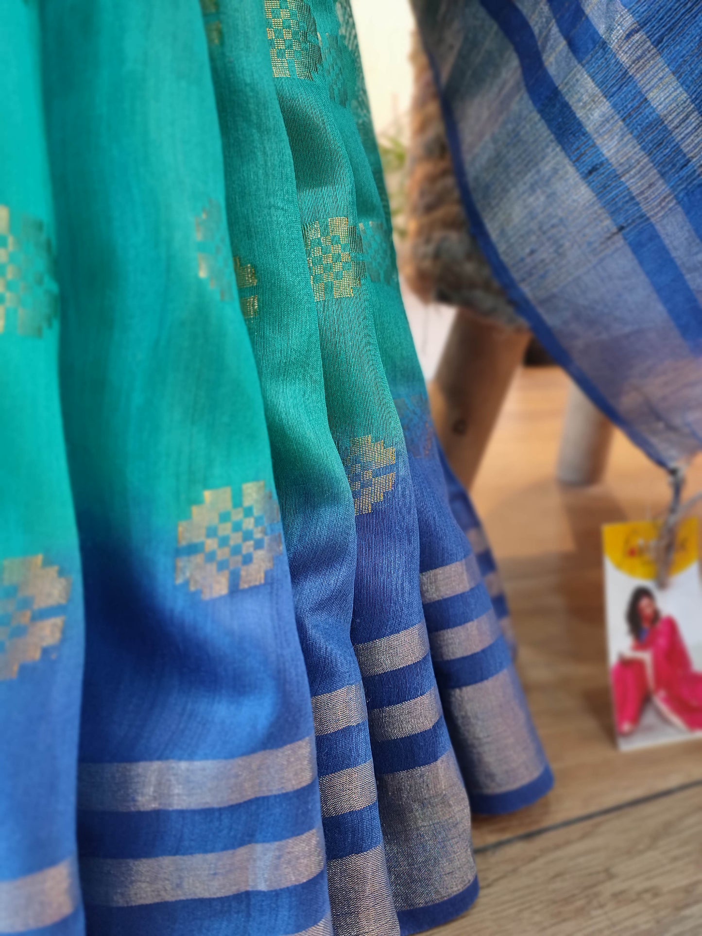 Teal and Blue Tassar Silk Saree with Zari weaving