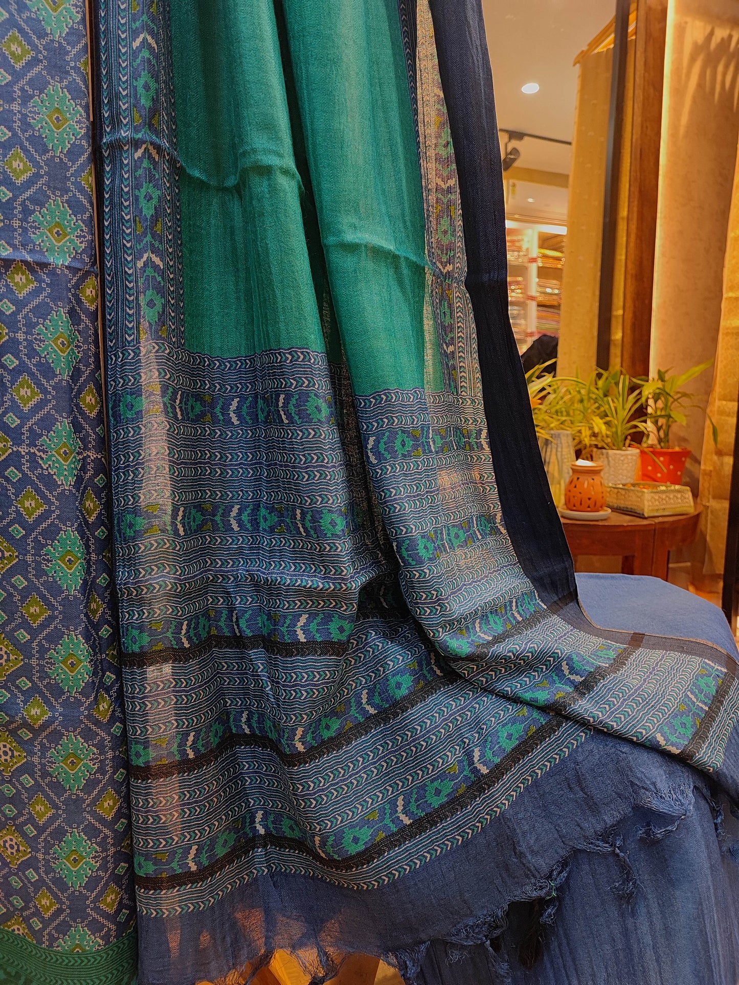 Pure pashmina Blue Green Patola Print Dual Shade Silk Suit