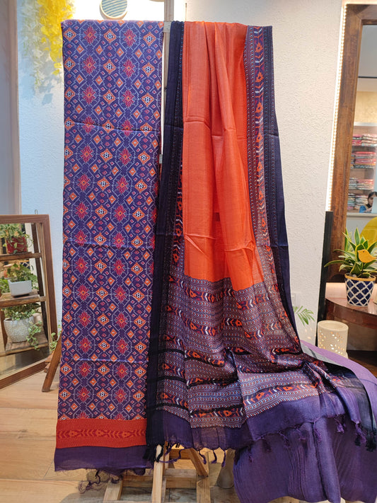 Pure pashmina Purple and orange Patola Print Dual Shade Silk Suit