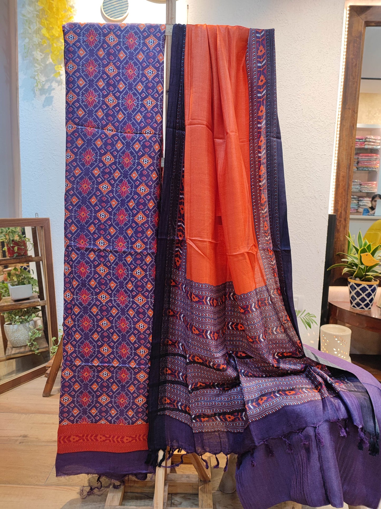 Pure pashmina Purple and orange Patola Print Dual Shade Silk Suit