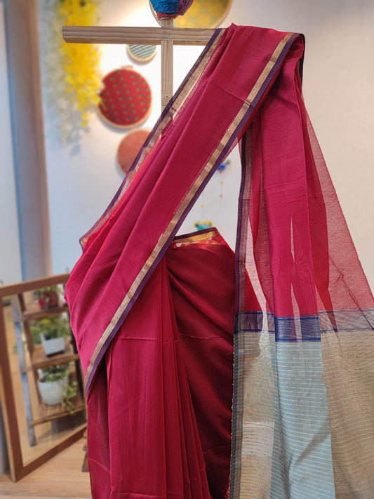 Red Maheshwari Silk Saree with Golden Details
