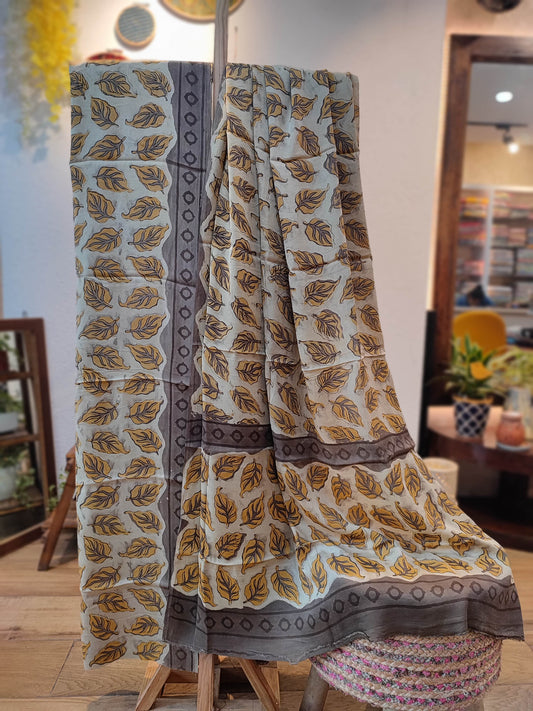 Stone Grey and Yellow Vanaspati Modal Silk Handblock Printed Suit Set